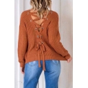 Sexy Fashion Lace-Up Hollow Back V Neck Long Sleeve Plain Comfort Casual Sweater