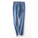 New Stylish Asymmetrical Fringe Hem Simple Plain Casual Jeans
