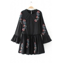 Color Block Floral Embroidered Round Neck Ruffle Cuff Long Sleeve Short Dress