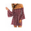 Chic Floral Pattern Off-the-Shoulder Flare Long Sleeve A-line Beach Mini Dress