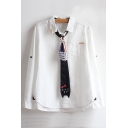 Simple Plain Lapel Collar Long Sleeve Buttons Down Shirt with Tie