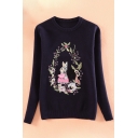 New Stylish Rabbit Floral Embroidered Round Neck Long Sleeve Pullover Sweater