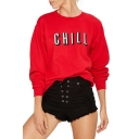 Color Block Letter Print Round Neck Long Sleeve Pullover Sweatshirt