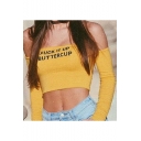New Stylish Simple Letter Print Off Shoulder Long Sleeve Crop Tee