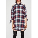 New Arrival Fashion Lace Inserted Plaids Printed Long Sleeve Tunic Shirt