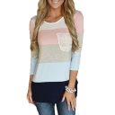 New Stylish Color Block Lace Panel Crew Neck long Sleeve Tee