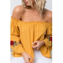 Floral Embroidered Off-the-shoulder Flared Long Sleeve Blouse