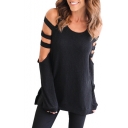Simple Plain Round Neck Hollow Out Long Sleeve Tee