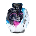 Chic 3D Wolf Print Color Block Drawstring Hood Long Sleeve Hoodie for Couple