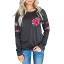 Round Neck Floral Pattern Loose Long Sleeve Tee