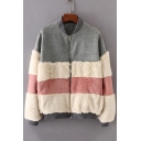 Fashion Color Block Print Stand-Up Collar Zipper Fluffy Coat