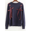 New Stylish Color Block Lace-Up Round Neck Long Sleeve Pullover Sweater