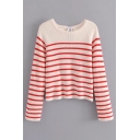Color Block Striped Bow Back Round Neck Long Sleeve Pullover Sweater