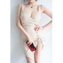 New Stylish Wrap Front Lace-Up Plain Mini Asymmetric Cami Dress