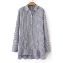 Chic Floral Embroidered Striped Print Lapel Collar Long Sleeve Buttons Down Shirt