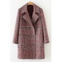 Fashion Winter's Plaids Print Notched Lapel Collar Double Breasted Coat