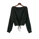 New Stylish Lace-Up Front Round Long Sleeve Plain Loose Pullover Sweater