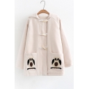 Cute Embroidered Pockets Hooded Long Sleeve Single Breasted Coat