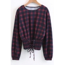 Classic Plaids Pattern Round Neck Long Sleeve Elastic Waist Pullover Blouse