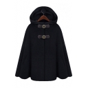 New Fashion Plain Hooded Buttons Down Long Sleeve Cape Coat