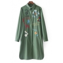 Lapel Collar Long Sleeve Chic Letter Floral Embroidered Buttons Down Coat