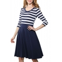Chic Color Block Striped Scoop Neck Slim Pleated Swing Short Dress