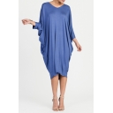 New Stylish Solid V-Neck Batwing Sleeve Loose Fit Midi Dress