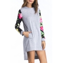 Color Block Floral Pattern Panel Dipped Hem Long Sleeve Short Dress with Pockets