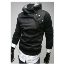 Simple Plain Zippered Buttons Embellished Long Sleeve Loose Hoodie