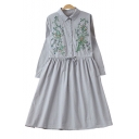 Lapel Collar Long Sleeve Chic Embroidered Buttons Down Midi Shirt Dress