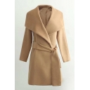 Folded Collar Long Sleeves Belted Solid Tunic Coat