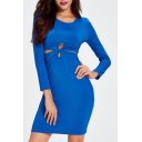 Fashion Cut out Front Solid Round Neck Long Sleeve Skinny Dress