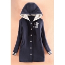 Fashion Letter Print Drawstring Hood Ribbed Cuff Button Front Pocket Tunic Coat