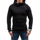 Simple Plain Zippered Buttons Embellished Long Sleeve Hoodie