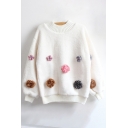 Fashion 3D Floral Embellished Round Neck Drop Sleeve Pullover Sweater