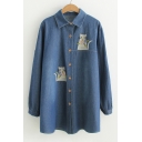 Cute Cat Embroidered Lapel Collar Long Sleeve Single Breasted Denim Tunic Shirt