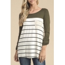 Color Block Panel Striped Pattern Boat Neck Long Sleeve T-Shirt Mini Dress