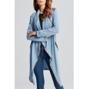 Chic Waterfall Collar Long Sleeve Patchwork Shoulder Open Front Plain Tunic Coat