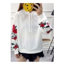 Color Block Floral Embroidered Long Sleeve Loose Pullover Hoodie