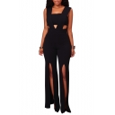 New Stylish Solid Keyhole Zip Back Split Hem Square Neck Sleeveless Jumpsuit