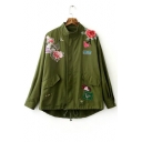 Chic Embroidery Peacock Floral Pattern Drawstring Hem Stand-Up Collar Coat