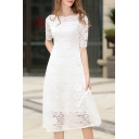 Chic Floral Lace-Up Boat Neck Half Sleeve Midi A-Line Dress