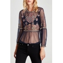 Fashion Sexy Sheer Mesh Chic Embroidered Long Sleeve Round Neck Blouse