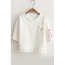 Simple Plain Cartoon Fish Embroidered Round Neck Short Sleeve Cropped Tee
