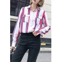Lapel Collar Long Sleeve Striped Pattern Buttons Down Shirt with Double Pockets