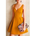 Chic Simple Plain V-Neck Sleeveless Mini A-line Dress