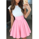 Nifty Cap Sleeves Round Neck Lace Panel Tiered Pleated Mini Bubble Dress