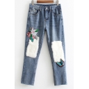 New Stylish Faux Fur Sequined Embellished Zip Fly Jeans