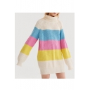New Stylish Color Block Print Long Sleeve Turtleneck Tunic Sweater
