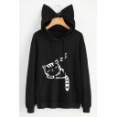 Cute Cat Print Drawstring Hood Long Sleeve Pocket Hoodie